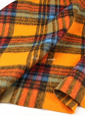 高密厚实 橘色彩色大格纹微弹力针织羊毛呢毛料面料大衣外套布料