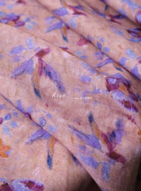 亲肤透气 橡皮粉晕染花朵印花纯苎麻亚麻棉麻面料旗袍汉服裙布料
