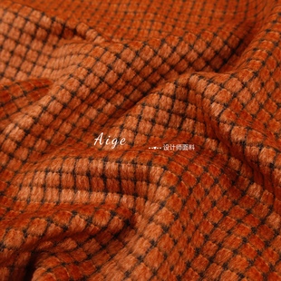 橘色小格子顺毛羊绒羊毛毛呢毛料面料冬天大衣外套布料 100%wool