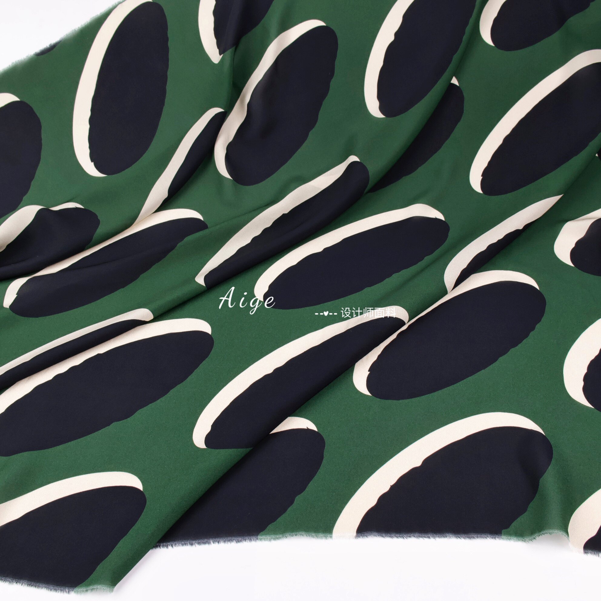 意大利进口 墨绿色大波点几何印花植物纤维仿真丝面料衬衣裙布料