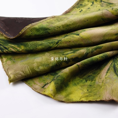 绿色 晕染蝴蝶花暗纹花萝提花38姆米香云纱布料桑蚕丝真丝面料