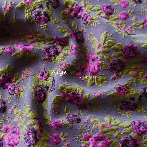 薄款廓形珠光 灰紫色小碎花凹凸浮雕立体提花面料中式旗袍布料