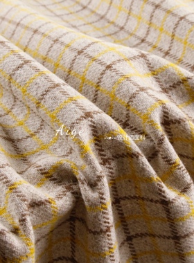 垂感细腻 黄色小格子精纺毛呢羊毛面料西装套装裤子马甲半裙布料