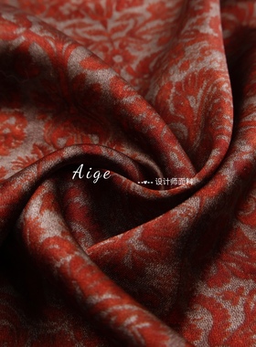 光泽丝滑垂感 复古暗红色图腾印花仿真丝缎面料旗袍汉服丝巾布料