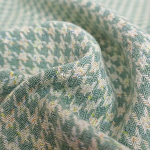 原装进口 淡绿色彩点小千鸟格羊毛呢毛料呢子面料西装风衣裙布料