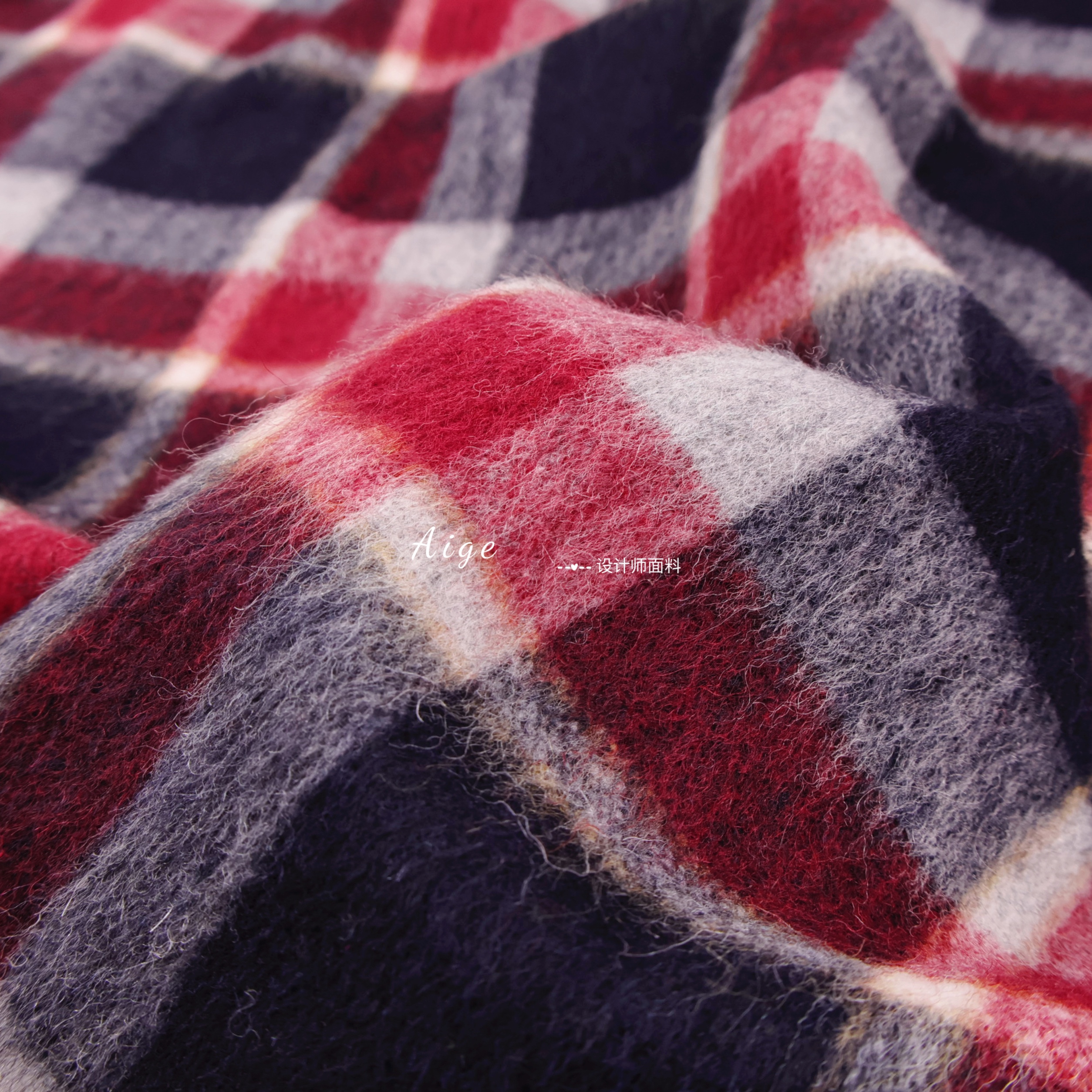 红蓝撞色 薄款柔软顺毛格纹格子羊毛毛料面料裤子西装毛呢布料