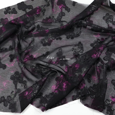 垂感0半透明 黑色暗纹立体剪花紫红色晕染印花雪纺面料旗袍裙布料