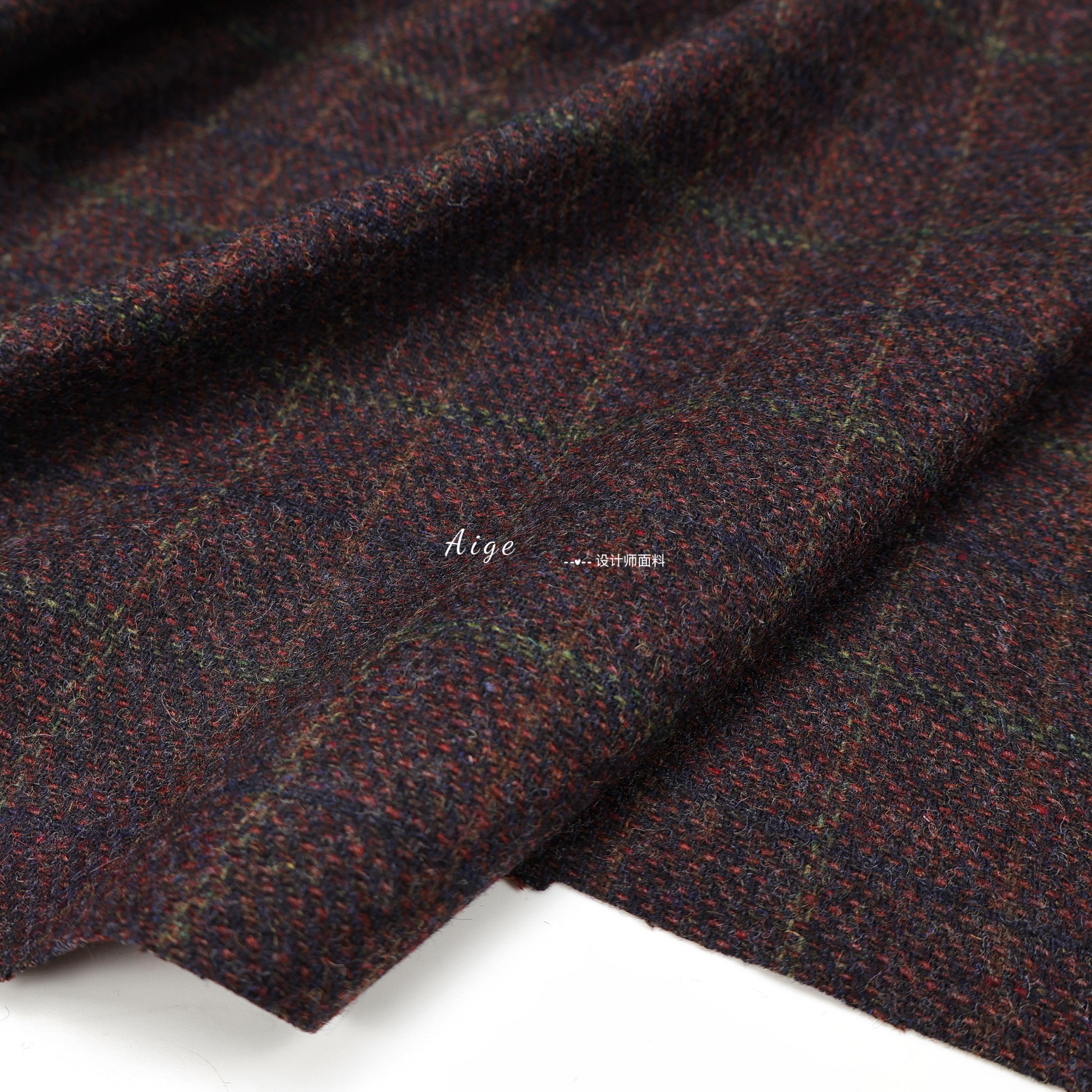 tweed 深绛紫红彩纱混色格纹羊毛呢毛料面料西装裤子大衣半裙布料