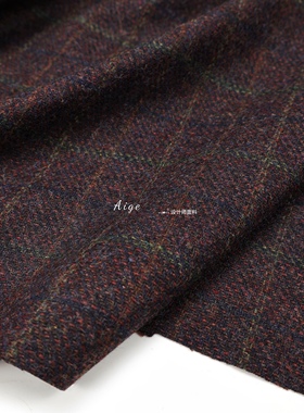 tweed 深绛紫红彩纱混色格纹羊毛呢毛料面料西装裤子大衣半裙布料