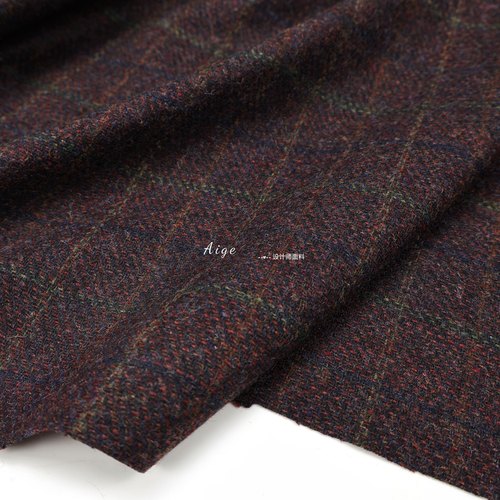 tweed 深绛紫红彩纱混色格纹羊毛呢毛料面料西装裤子大衣半裙布料