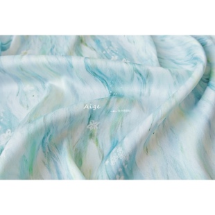 垂感抗皱 古风蓝绿色落花流水印花麻纱缎面料旗袍连衣裙高定布料