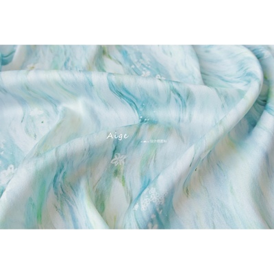 垂感抗皱 古风蓝绿色落花流水印花麻纱缎面料旗袍连衣裙高定布料