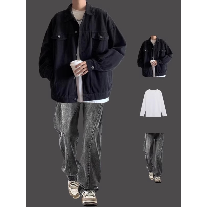 休闲搭配潮牌痞帅男牛仔宽松春秋季高街外套一套套装潮流夹克男装,男装,时尚套装,淘宝优惠券,粉丝福利购,淘宝优惠卷