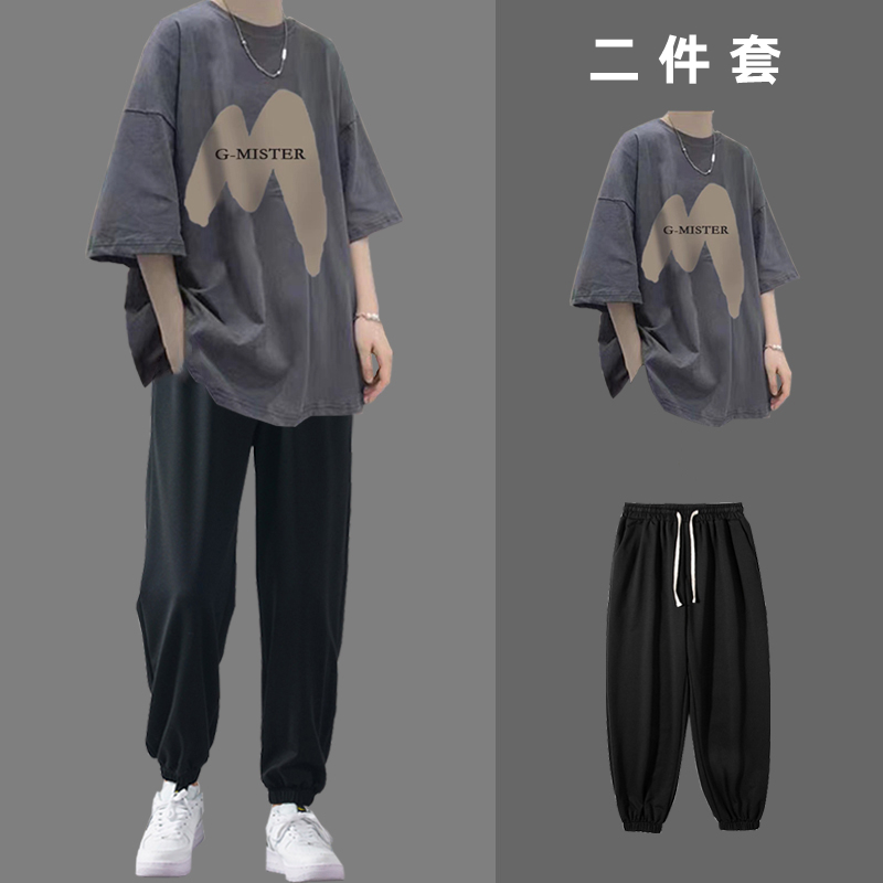休闲搭配一套夏季恤潮牌tins学生男生短袖潮流两件套运动男装套装