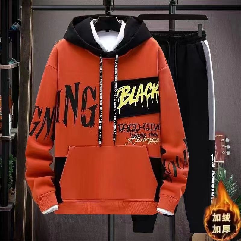 秋冬装12大童帅气连帽卫衣15岁初中学生潮流加绒加厚套装13男孩1