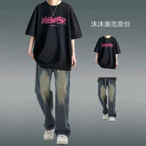纯棉风潮流套装一整套夏季恤美式短袖hiphopt男装牛仔裤搭配男款