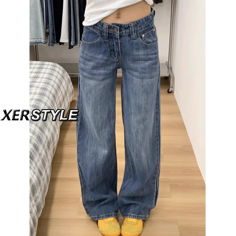 145小个子辣妹低腰牛仔裤女夏季复古百搭宽松阔腿拖地直筒裤长裤