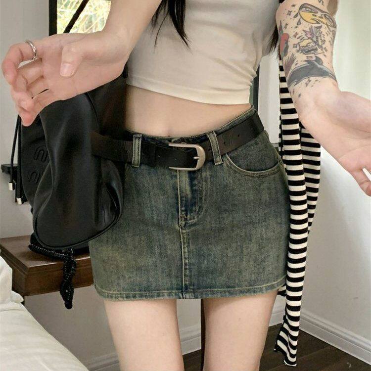 复古做旧牛仔短裙女夏季辣妹高腰显瘦a字包臀裙小个子半身裙裙裤