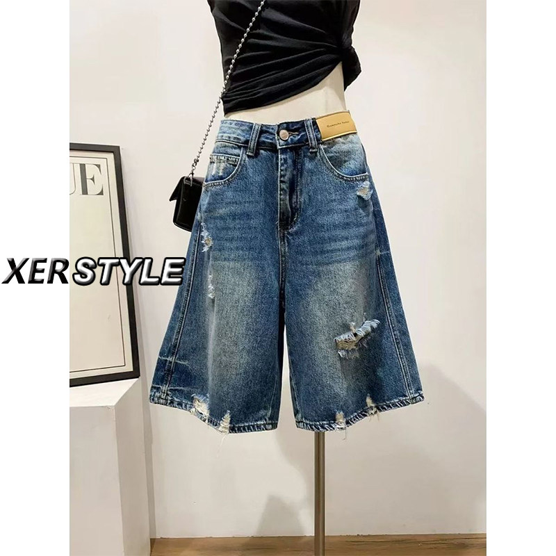 145小个子复古阔腿牛仔短裤女夏季后翻盖口袋破洞设计五分中裤子