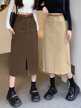 开叉一步工装裙卡其色半身裙女春夏中长款直筒包臀a字裙2024新款