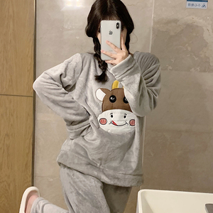 珊瑚绒秋冬学生睡衣女士套头家居服法兰绒可爱卡通加厚保暖暖套装