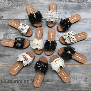 牛筋底蝴蝶结水钻牛皮一字型拖鞋 2023夏季 清仓真皮女鞋 断码 女 新款