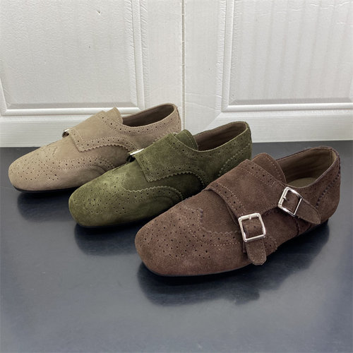 2026年秋季英伦风雕花双扣勃肯女磨砂皮乐福鞋百搭懒人一脚蹬单鞋