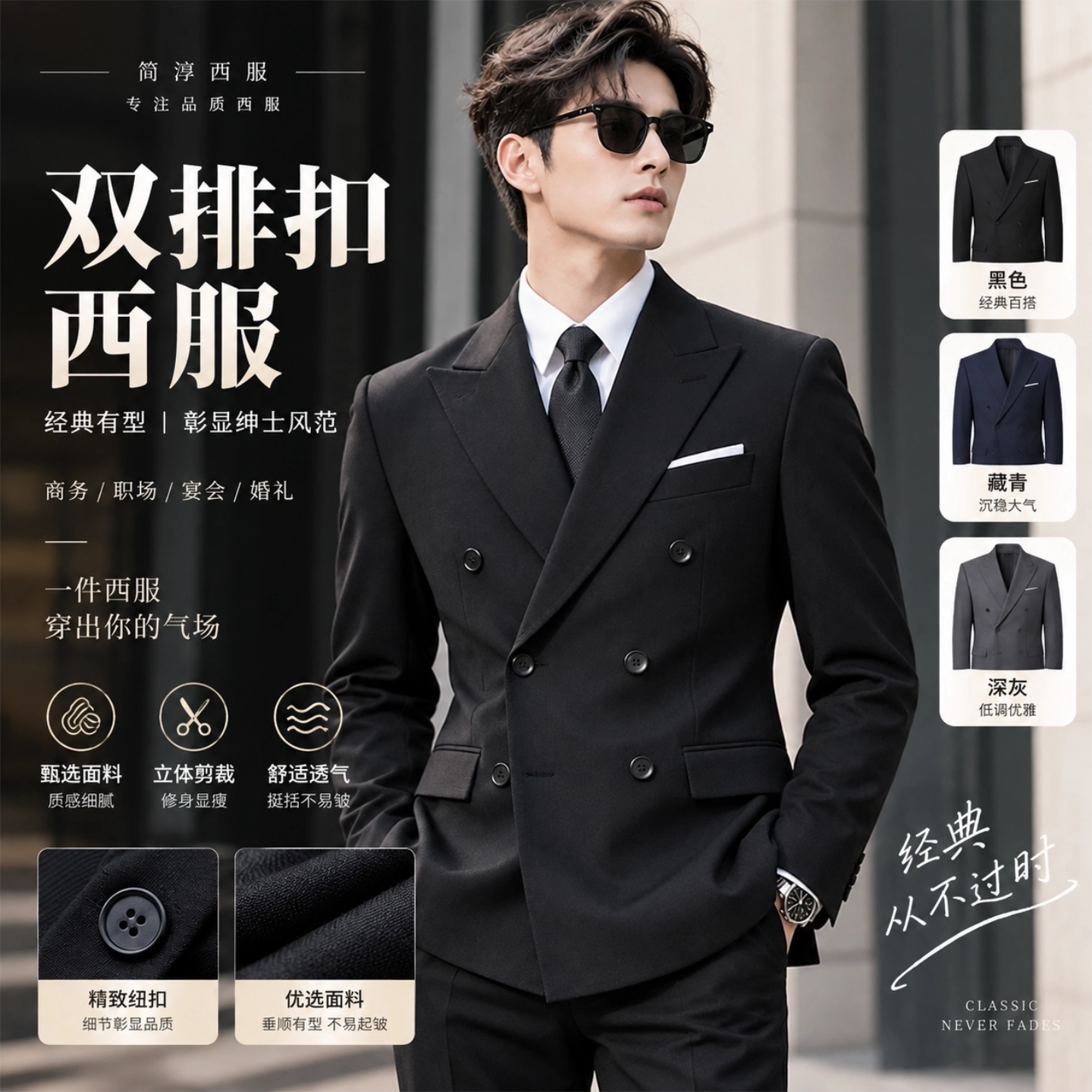 黑色双排扣修身男士商务西服套装