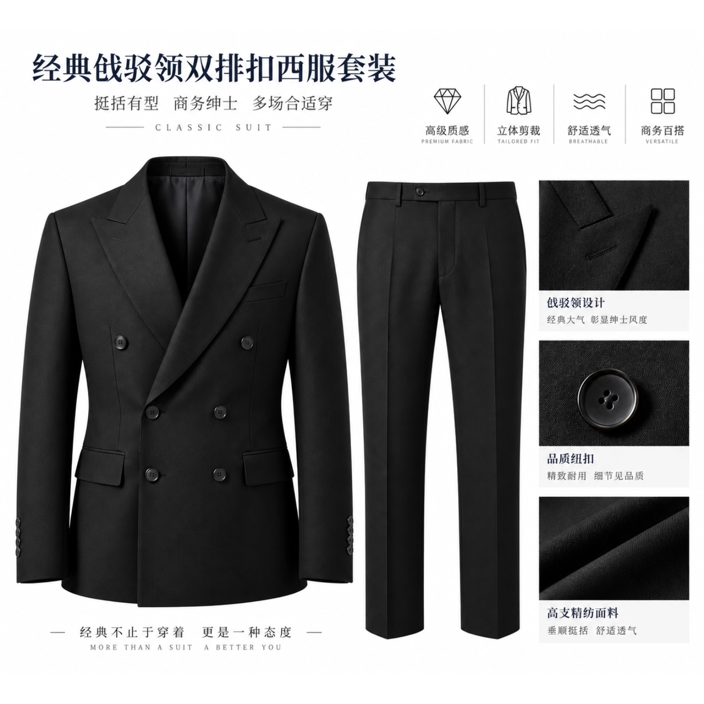 职业装双排扣戗驳领西服套装男秋季修身职业正装黑色藏蓝色灰色