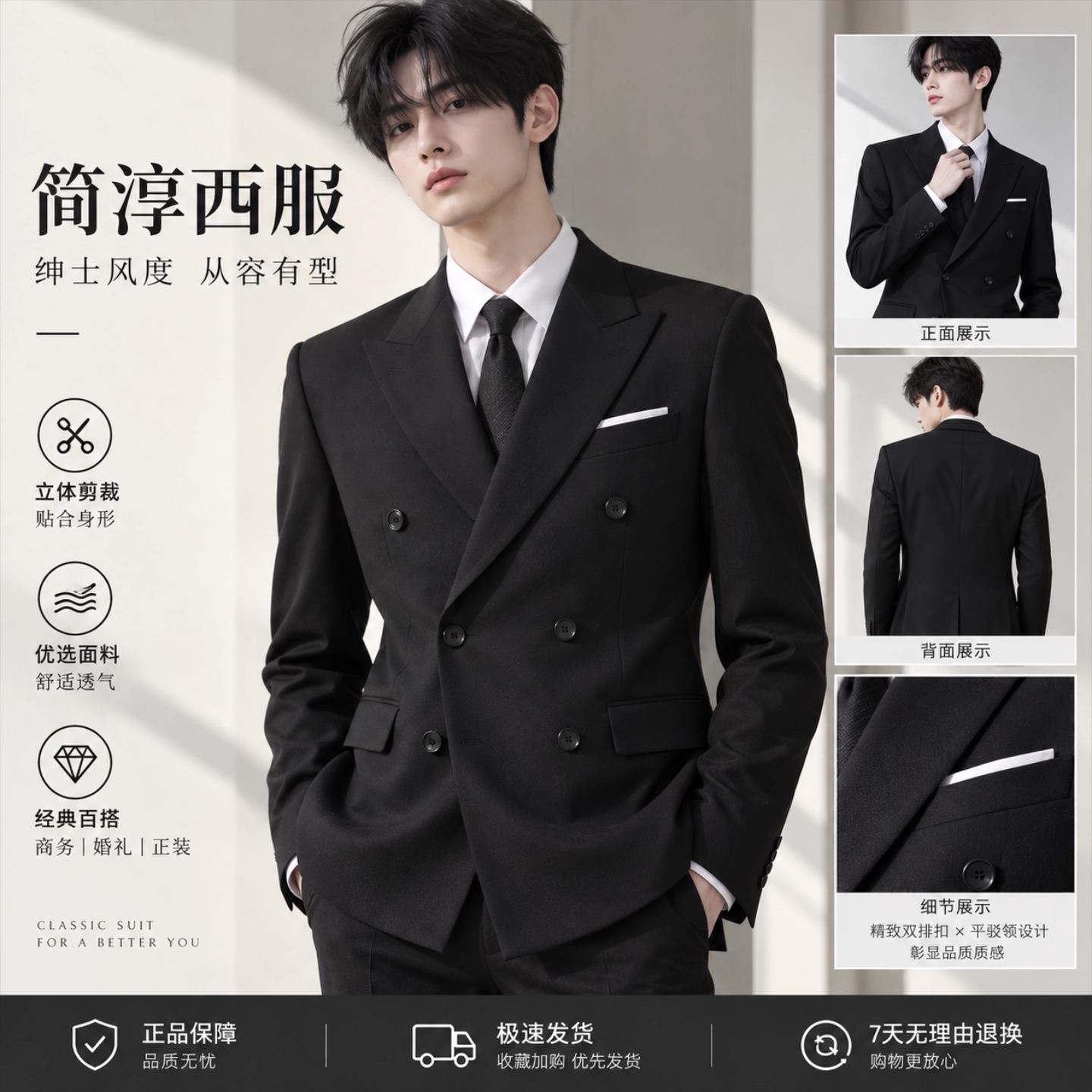 灰色黑色双排扣西服套装男秋季正装上班职业职场工作西装学生