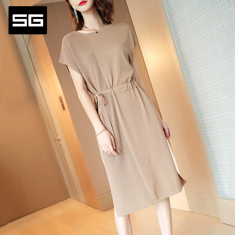 温婉柔美SG2018秋季新款女装纯色圆领连衣裙系带收腰无袖中长裙女