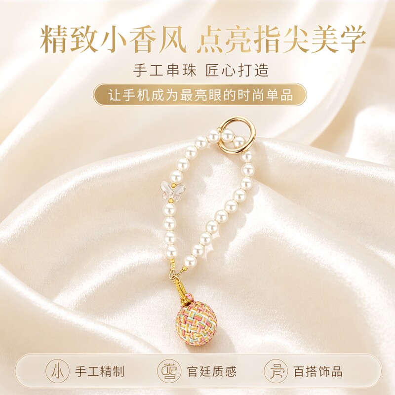 手机链女手腕短款高档手工串珠挂件小香风吊坠宫廷风汉服
