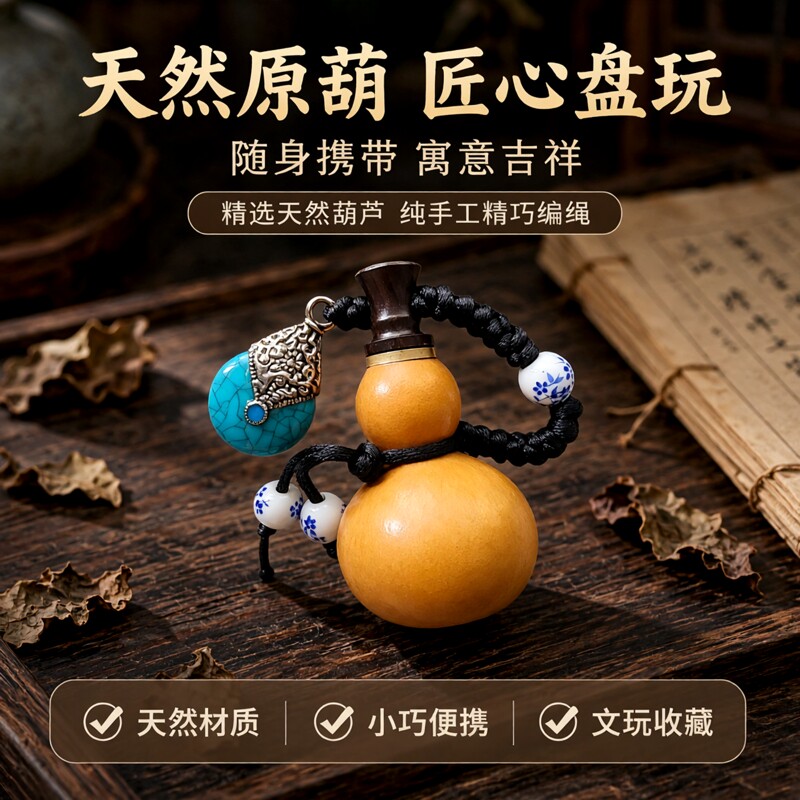 天然葫芦配绳吊坠文玩手捻包浆葫芦装酒装药丸随身携带迷你手把件