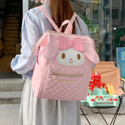 日系美乐蒂卡通双肩背包女可爱三丽鸥蝴蝶结小菱格大容量学生书包