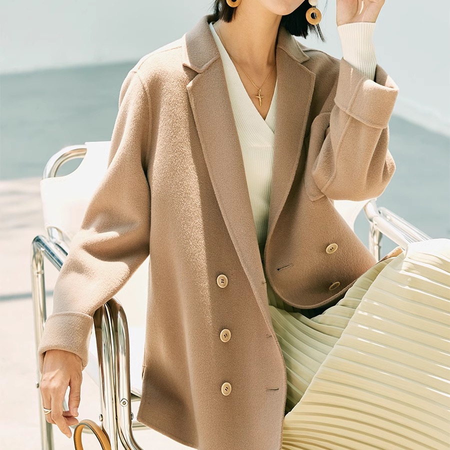 有帆羊绒羊毛中长款双面呢大衣