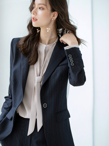 有帆职业长袖条纹羊毛西装外套