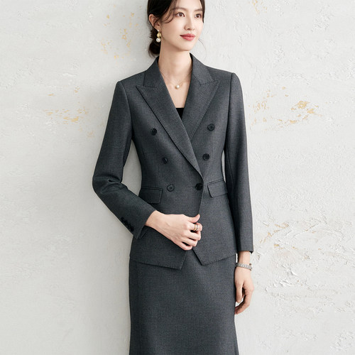 OFFIY灰色羊毛西装裤子半裙套装
