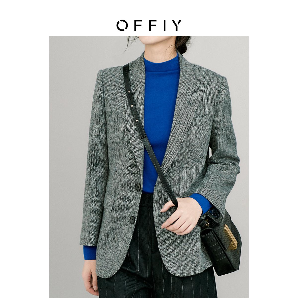 OFFIY羊毛灰色复古毛呢秋冬西装
