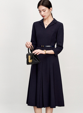 OFFIY-正式场合西装领连衣裙 贵气高级感气质深蓝色2025春夏趋势