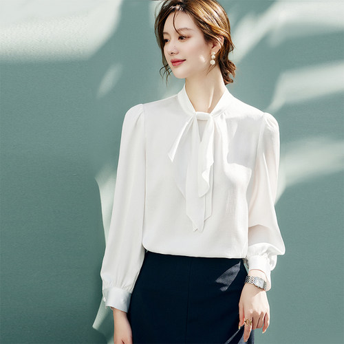 OFFIY宽松法式长袖醋酸白衬衫
