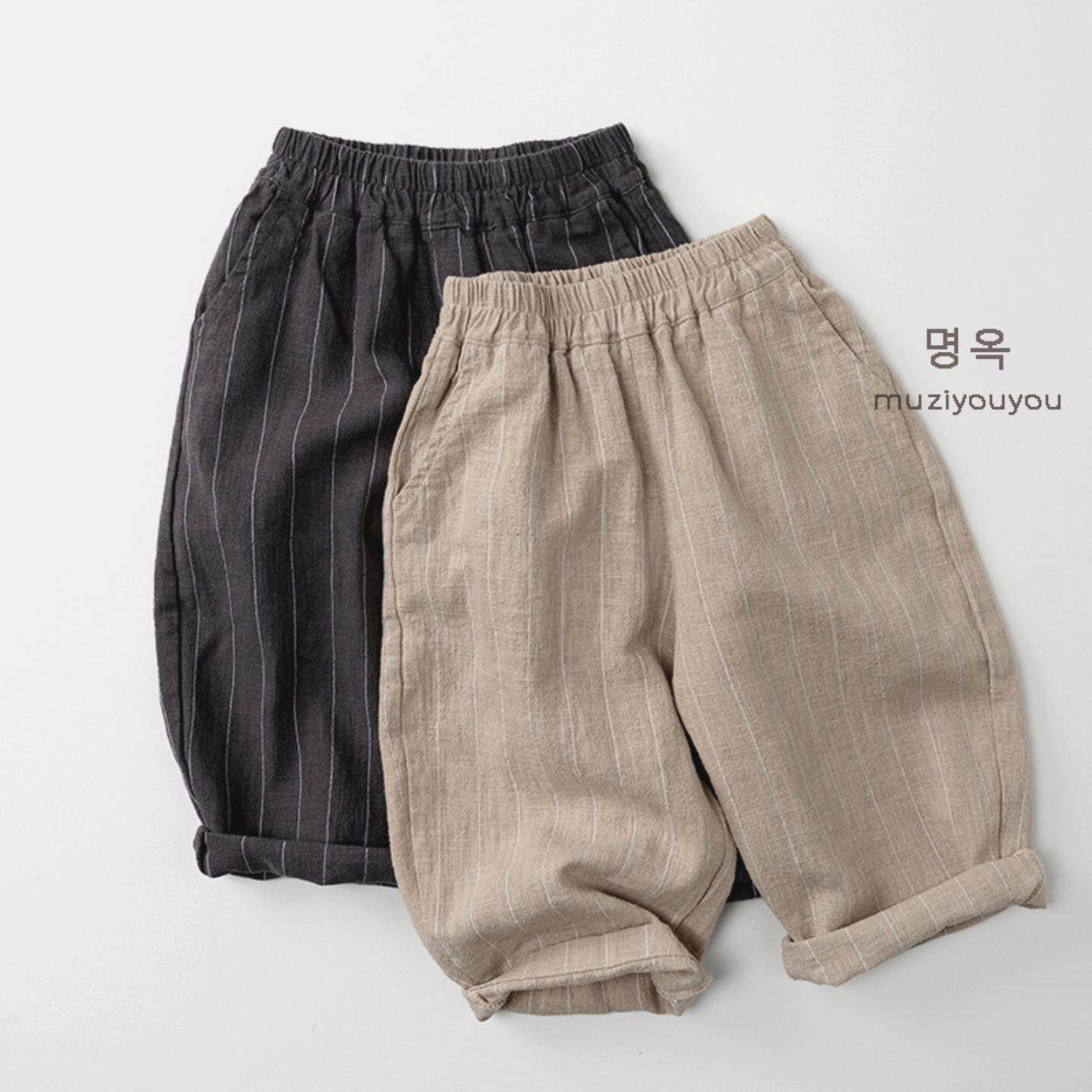 儿童麻棉竖条纹裤子2026春款男女童森系韩版个性休闲裤宝宝童装潮