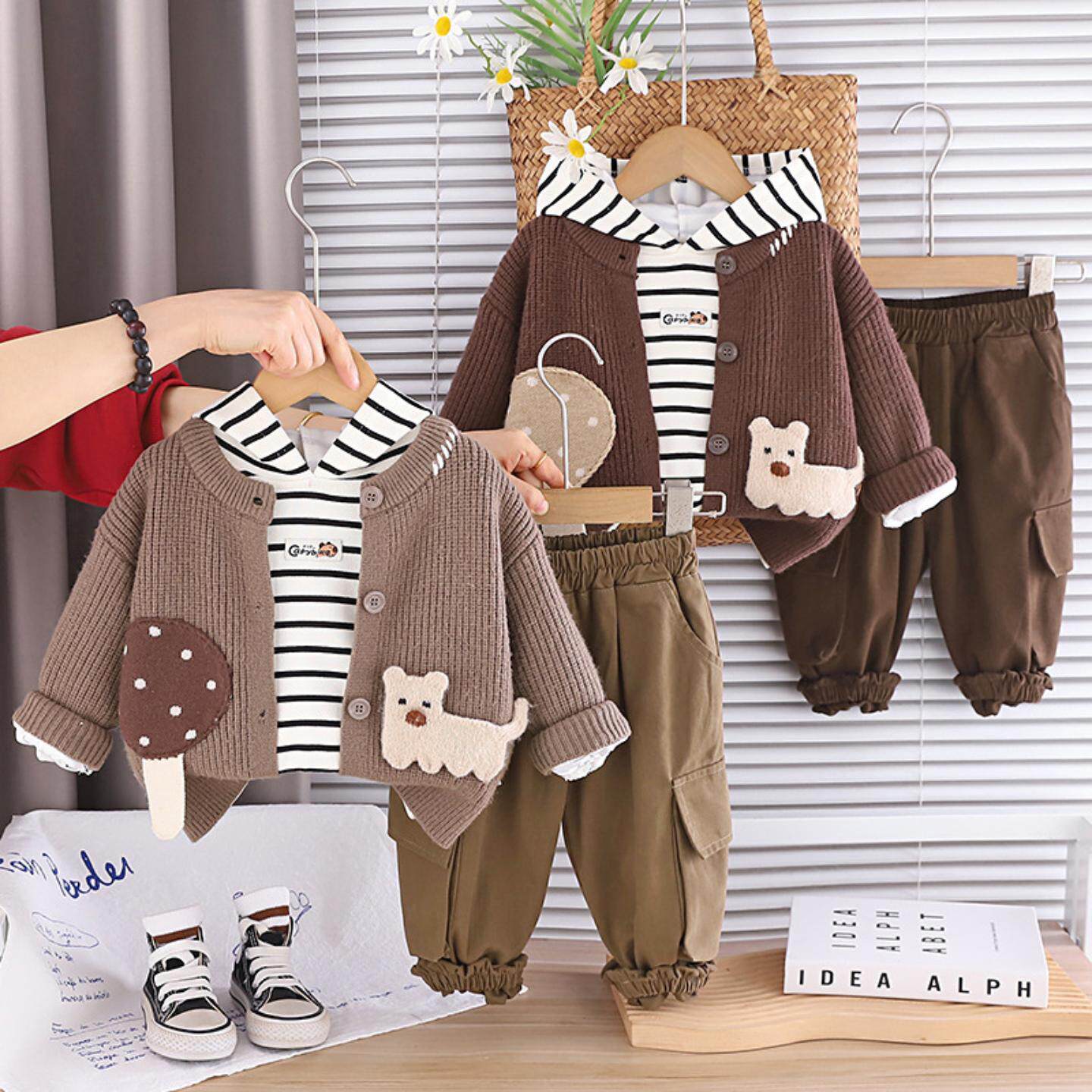 男童春装2026新款洋气贴布小狗长袖毛衣三件套装宝宝春季帅气时髦