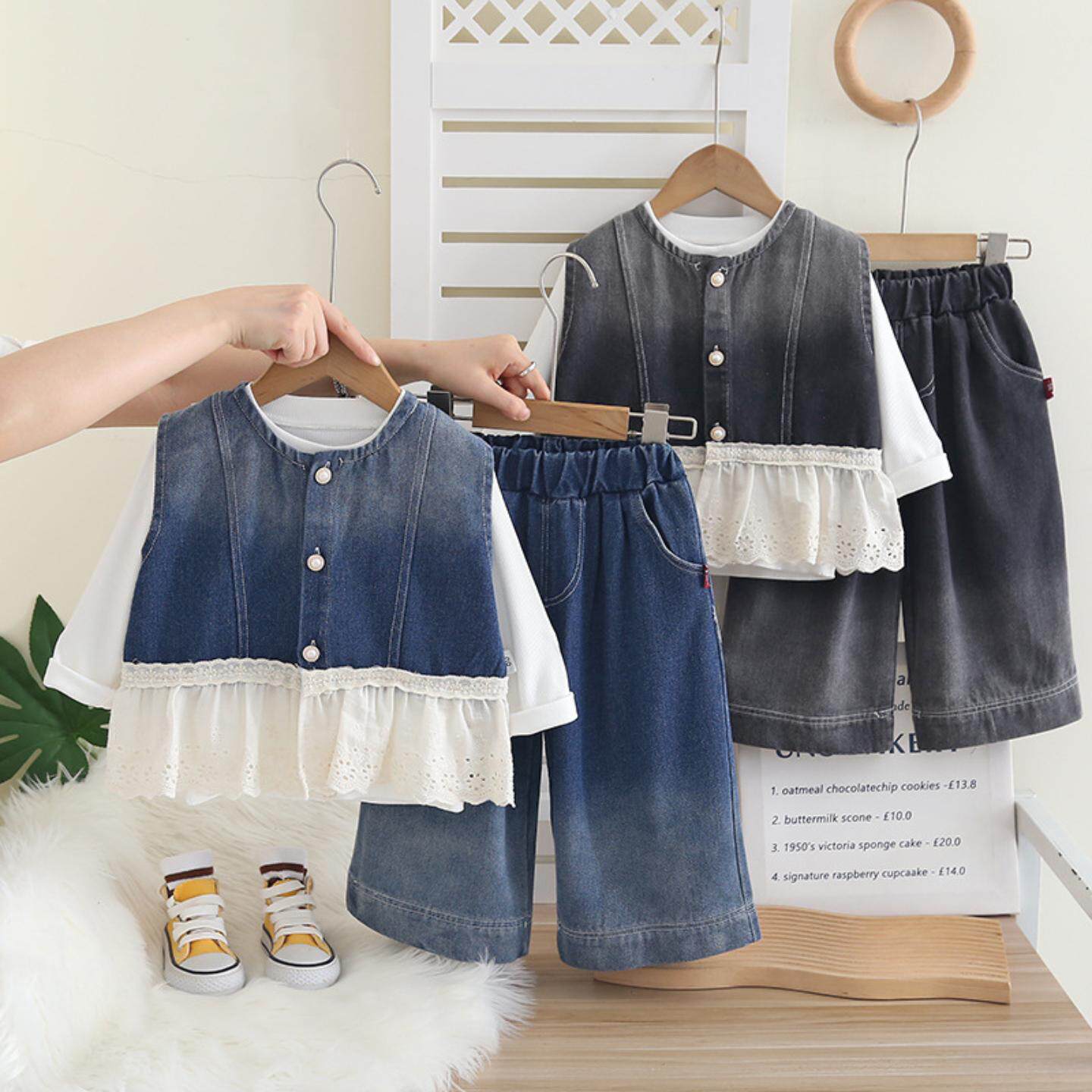 女童春装洋气儿童衣服春秋装马甲花边裙三件套婴儿宝宝春季潮童装