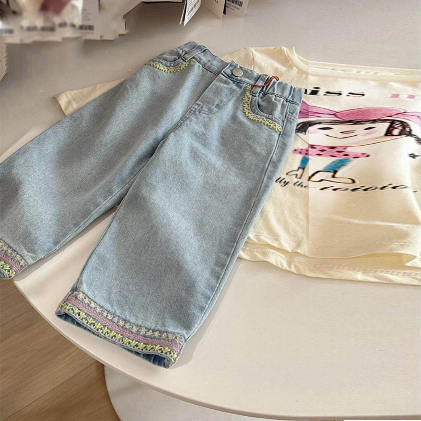 童装女童裤子春季洋气儿童小香风花边阔腿裤时尚蓝色牛仔裤直筒裤