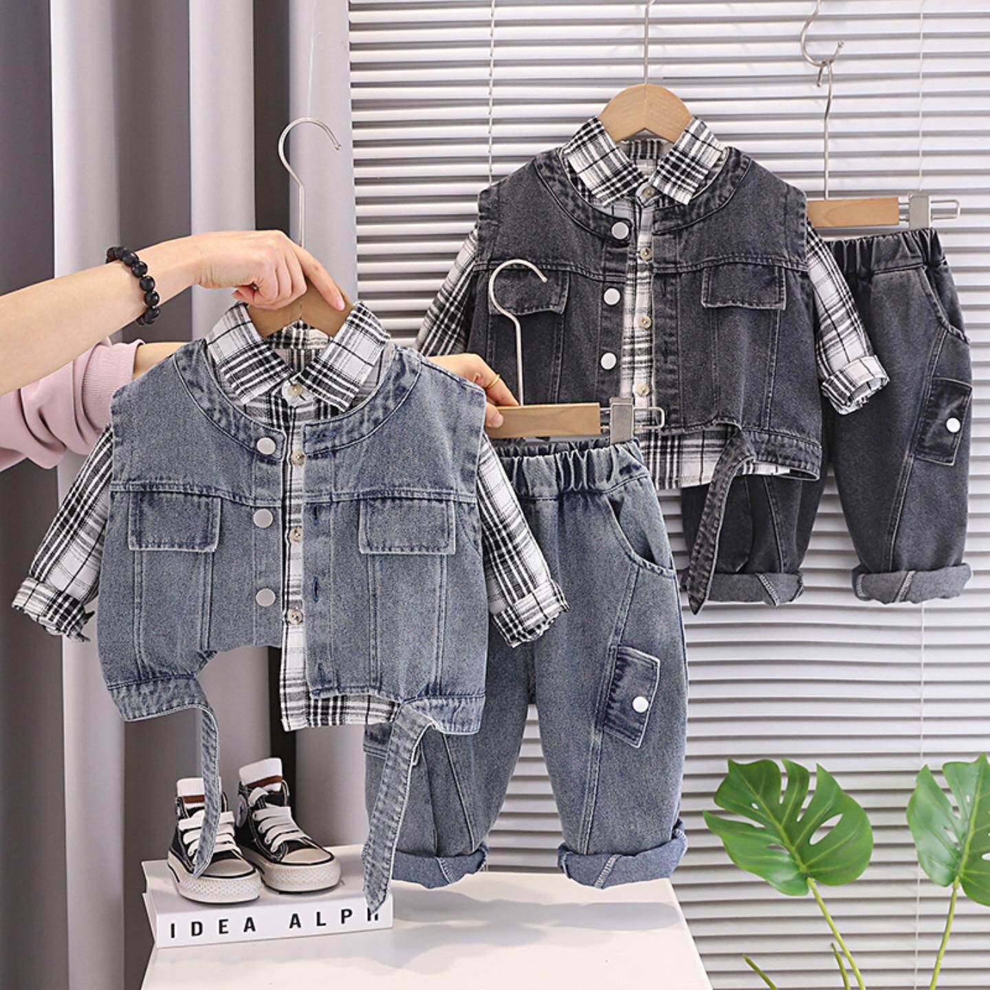 男童春秋套装2026新款儿童洋气宝宝春装婴儿时髦牛仔马甲三件套潮