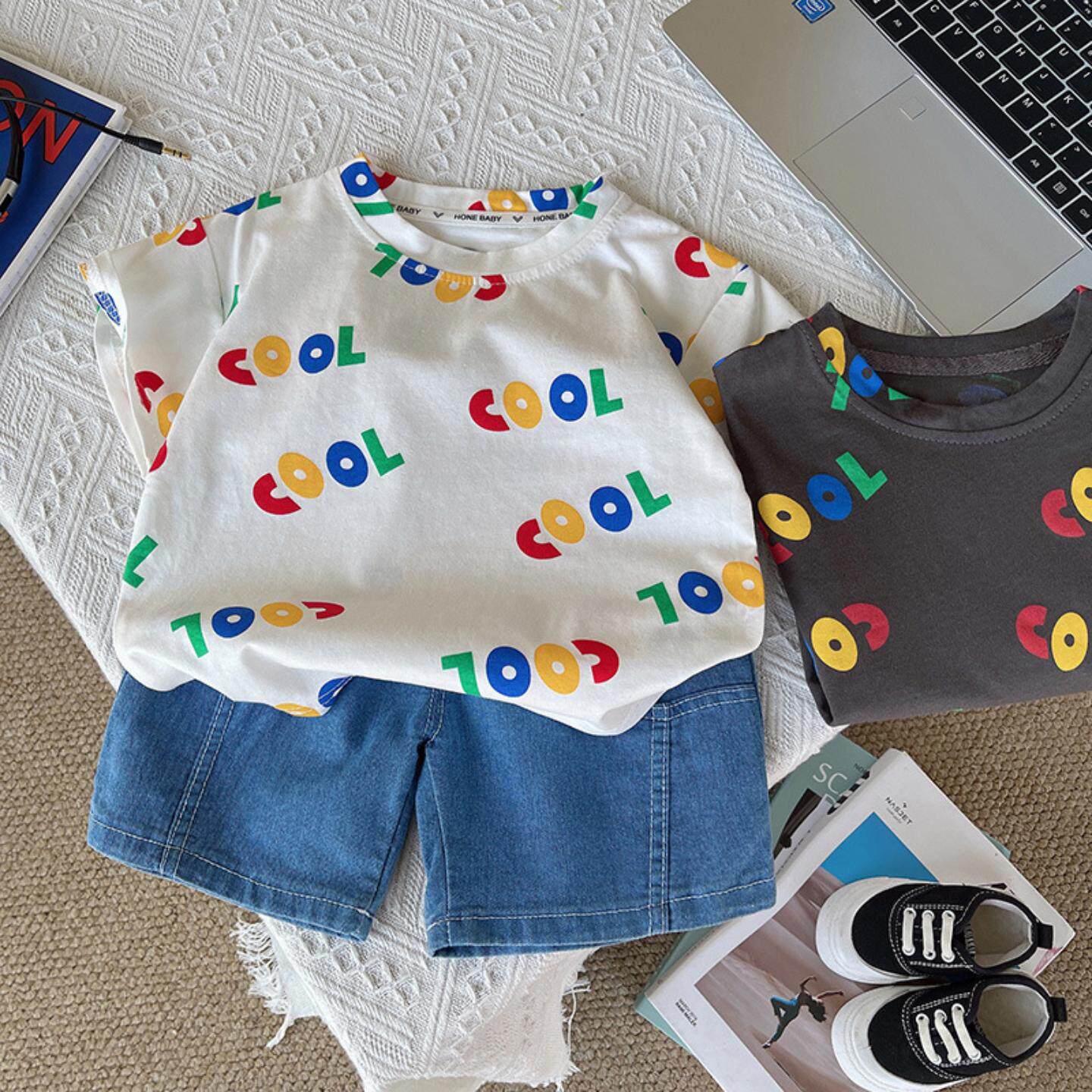 儿童夏装套装2025新款童装满印彩字母短袖t恤男童牛仔短裤两件套