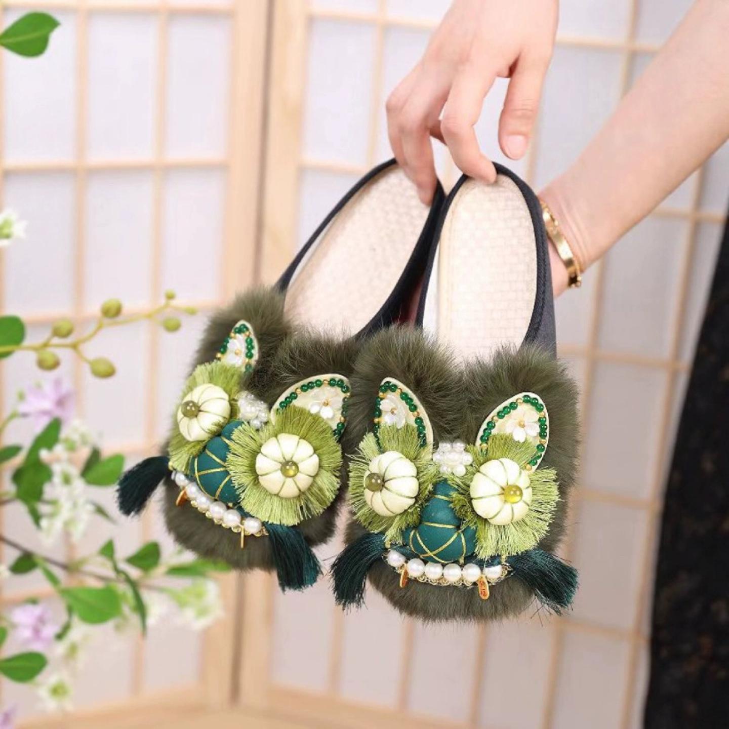 工复古虎头鞋春季新款平底国风非遗手工虎头鞋新中式绣花拖鞋居家