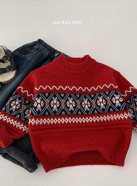 麦宝男童红色毛衣2025冬季新款儿童提花圆领针织衫男孩冬装上衣潮