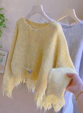 黄色圆领短不规则流苏女针织衫，初秋新款高腰时尚长袖毛衣