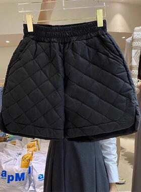 韩系简约设计感菱格夹棉休闲短裤男女秋冬松紧腰开叉宽松阔腿裤子